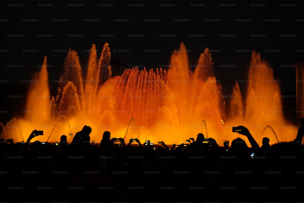 a group of people standing in front of a water fountain