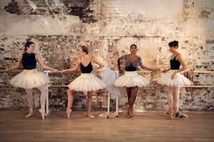 a group of ballerinas standing in a row in front of a brick wall