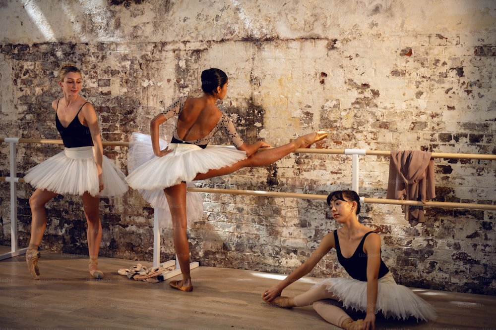 três bailarinas em tutu e leotards posando para uma foto