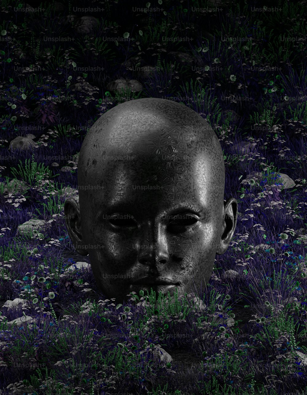 a strange looking head in a field of flowers