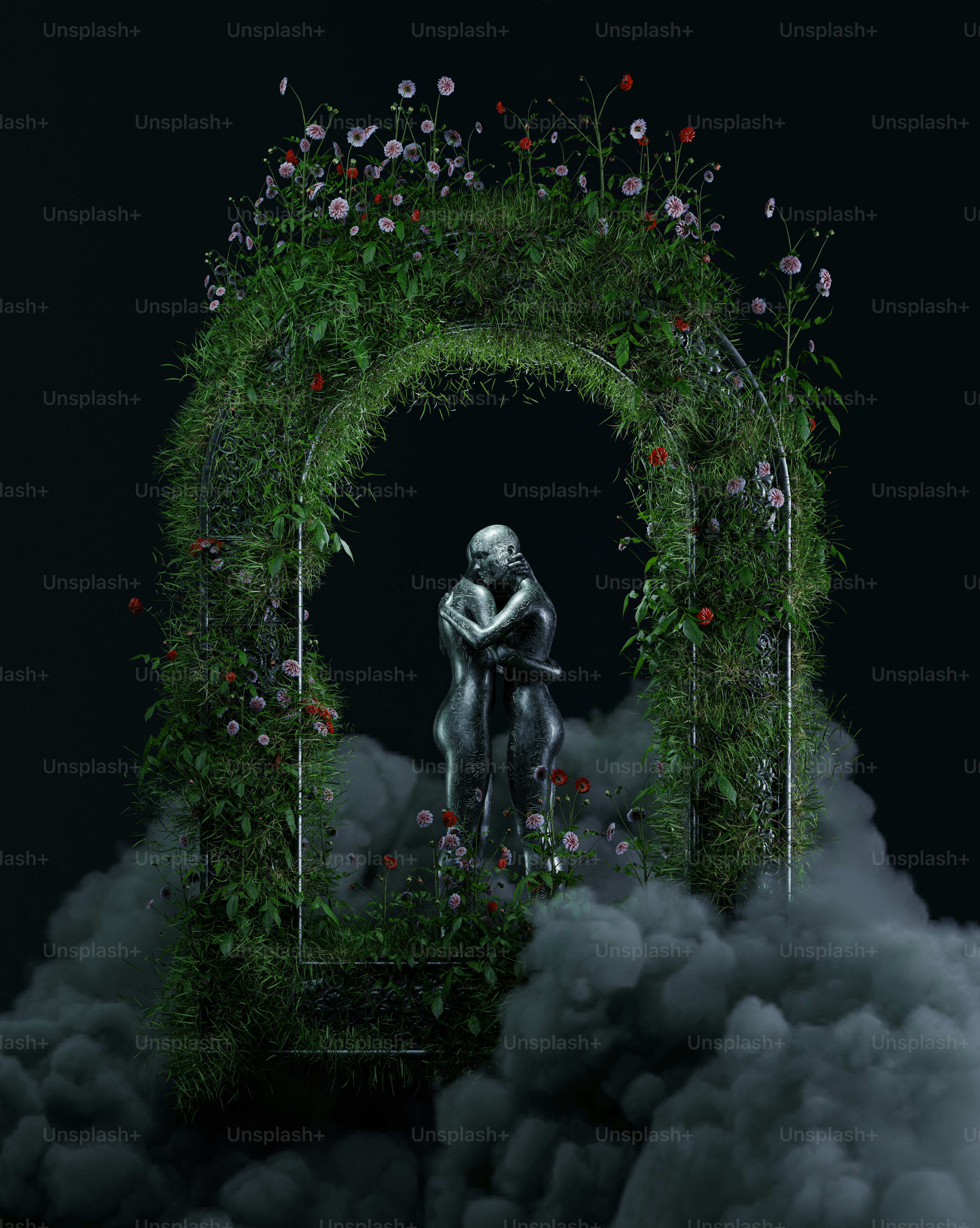 uma estátua de um homem sentado em um cavalo cercado por flores