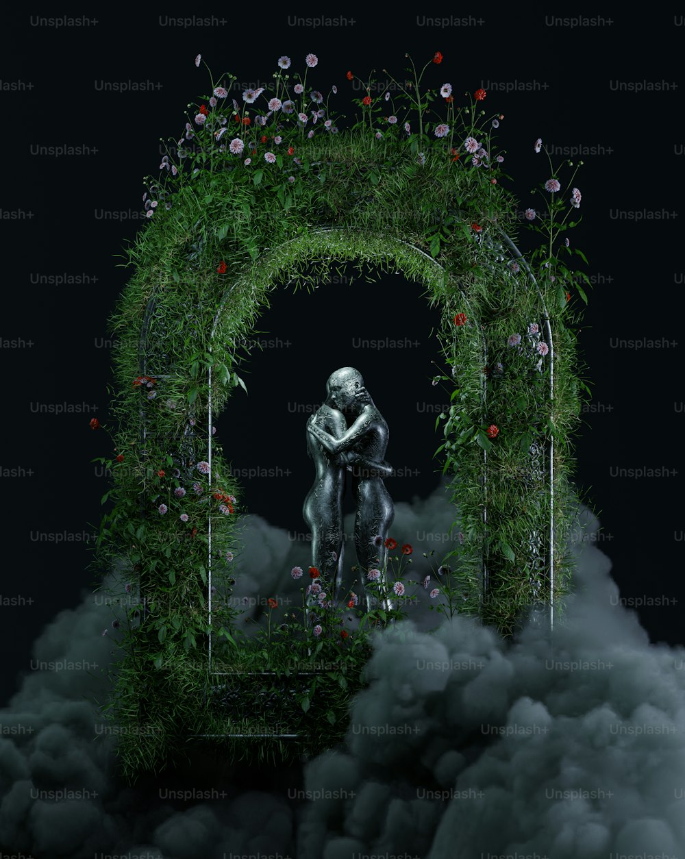 a statue of a man sitting on a horse surrounded by flowers