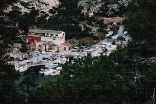 a marina with boats parked in the water