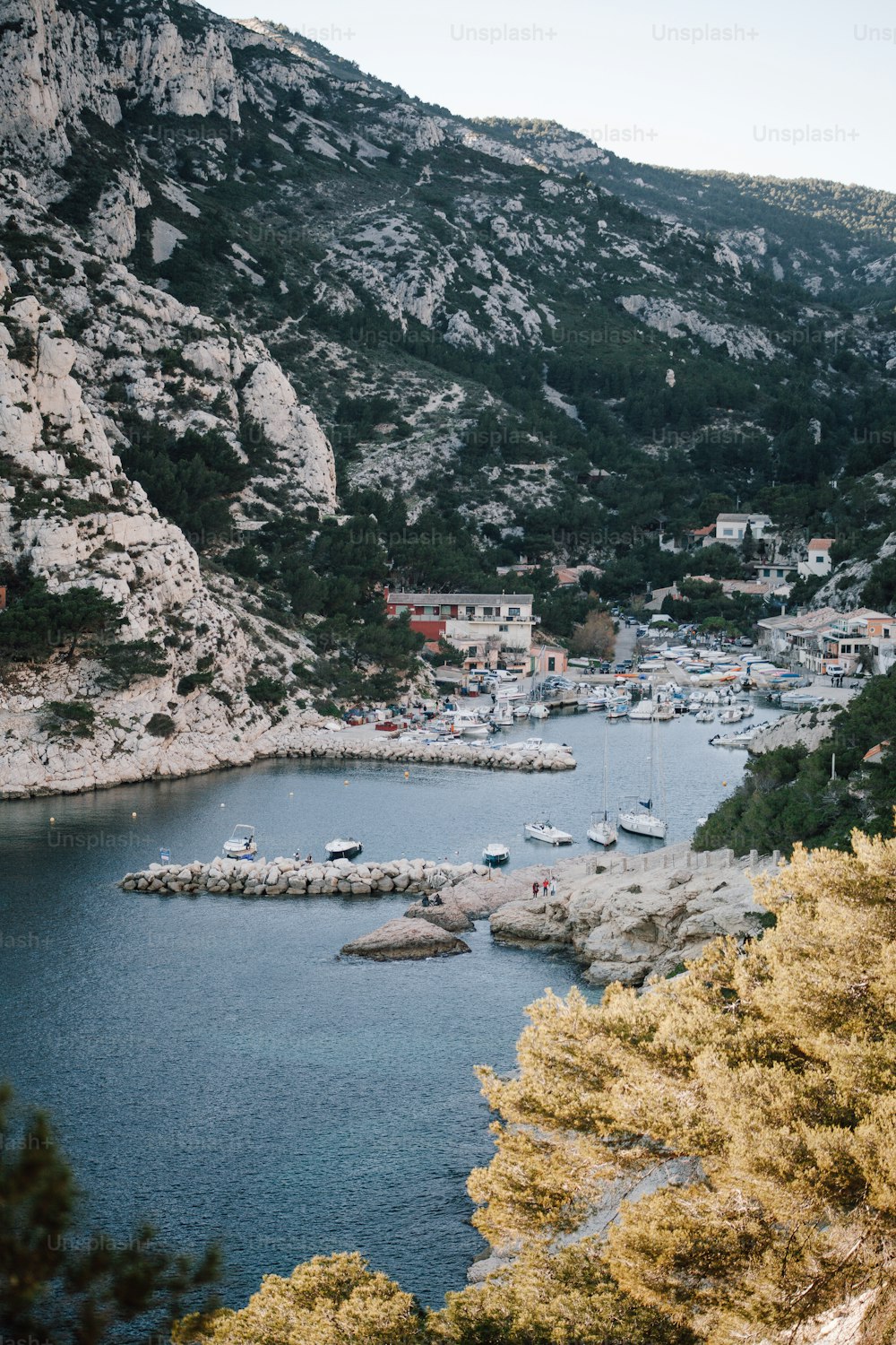 a body of water surrounded by mountains and trees