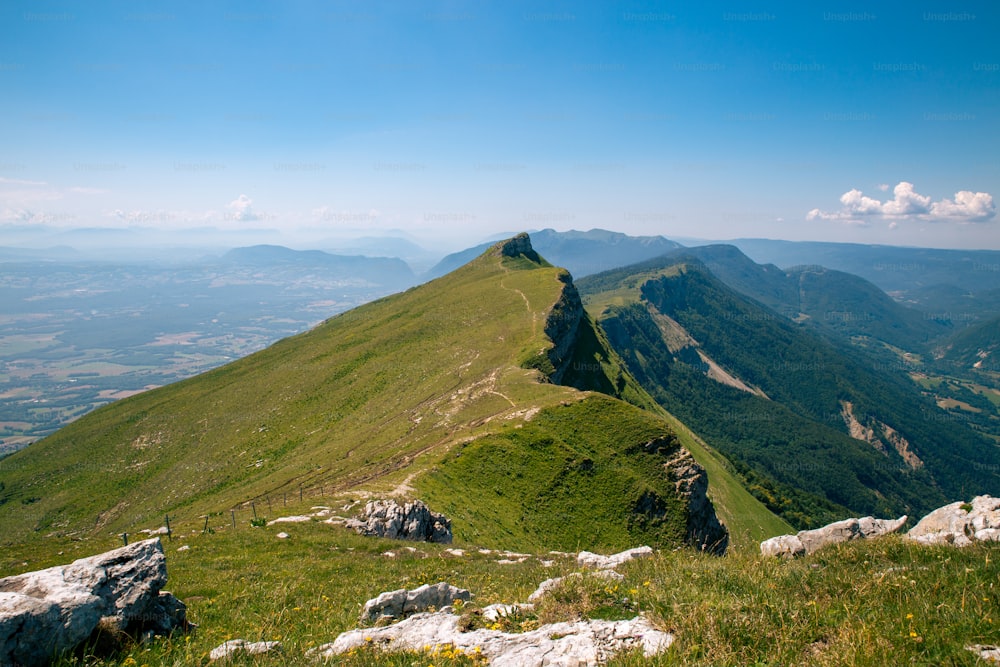 a grassy hill with a mountain in the background