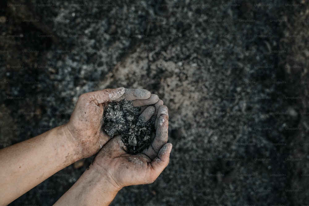 a person holding a handful of dirt in their hands