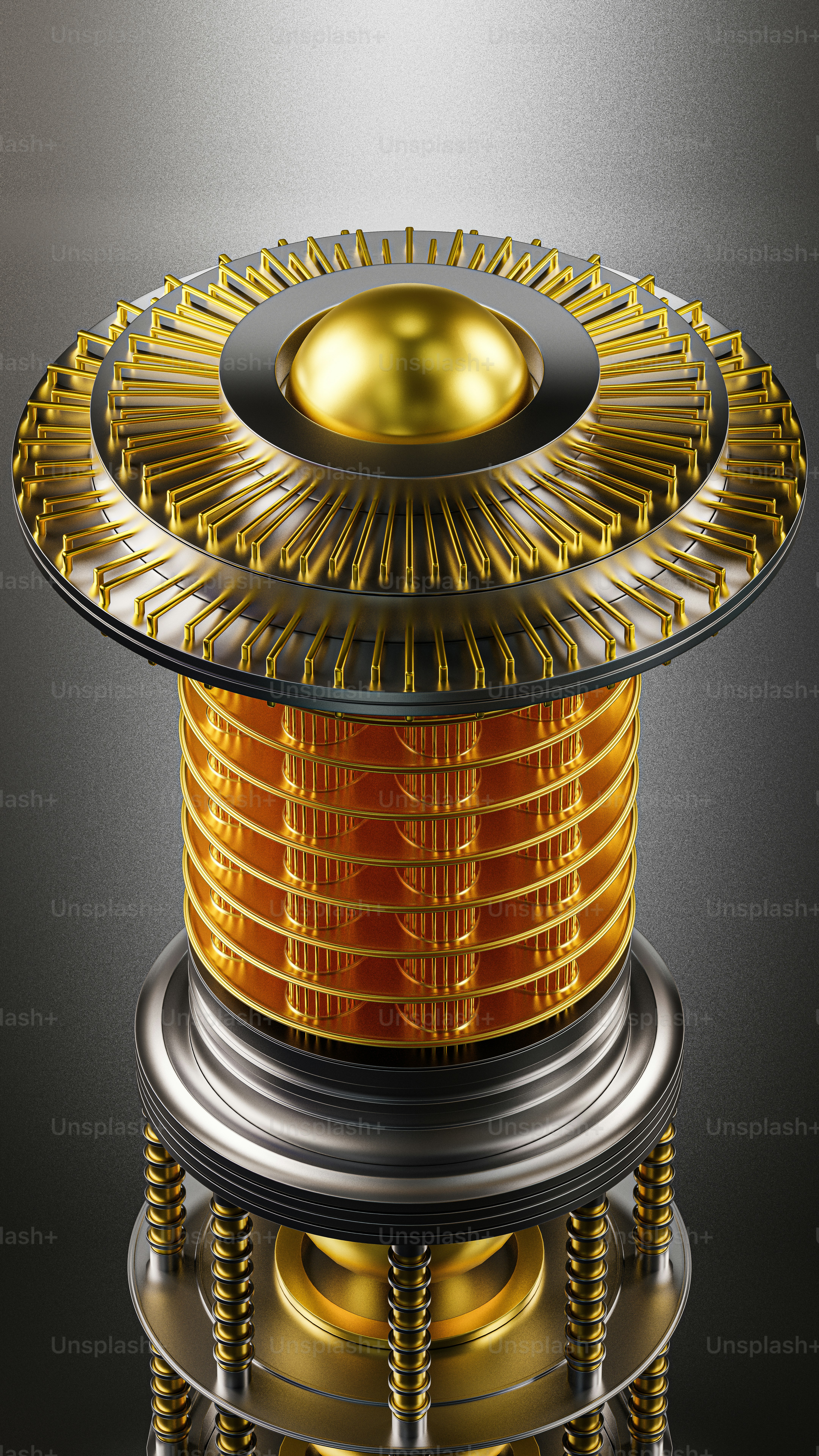 Un objeto dorado y plateado con fondo negro