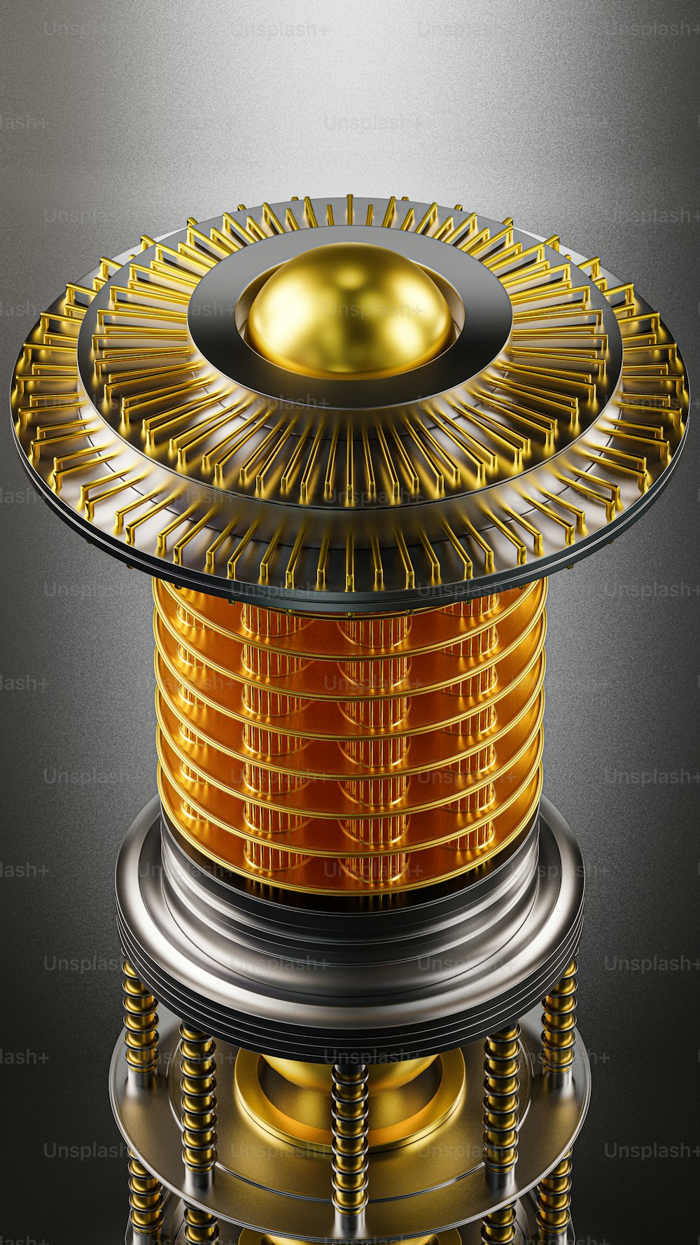 a gold and silver object with a black background