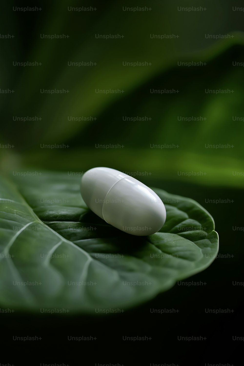 a white pill sitting on top of a green leaf
