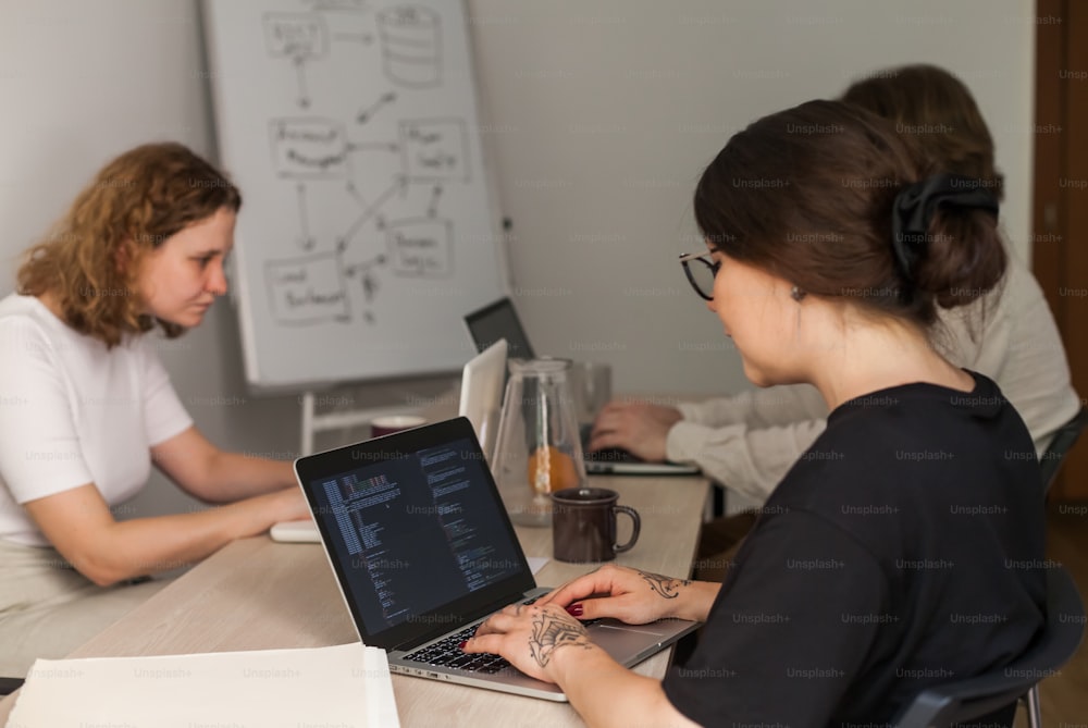 a couple of women sitting at a table with laptops