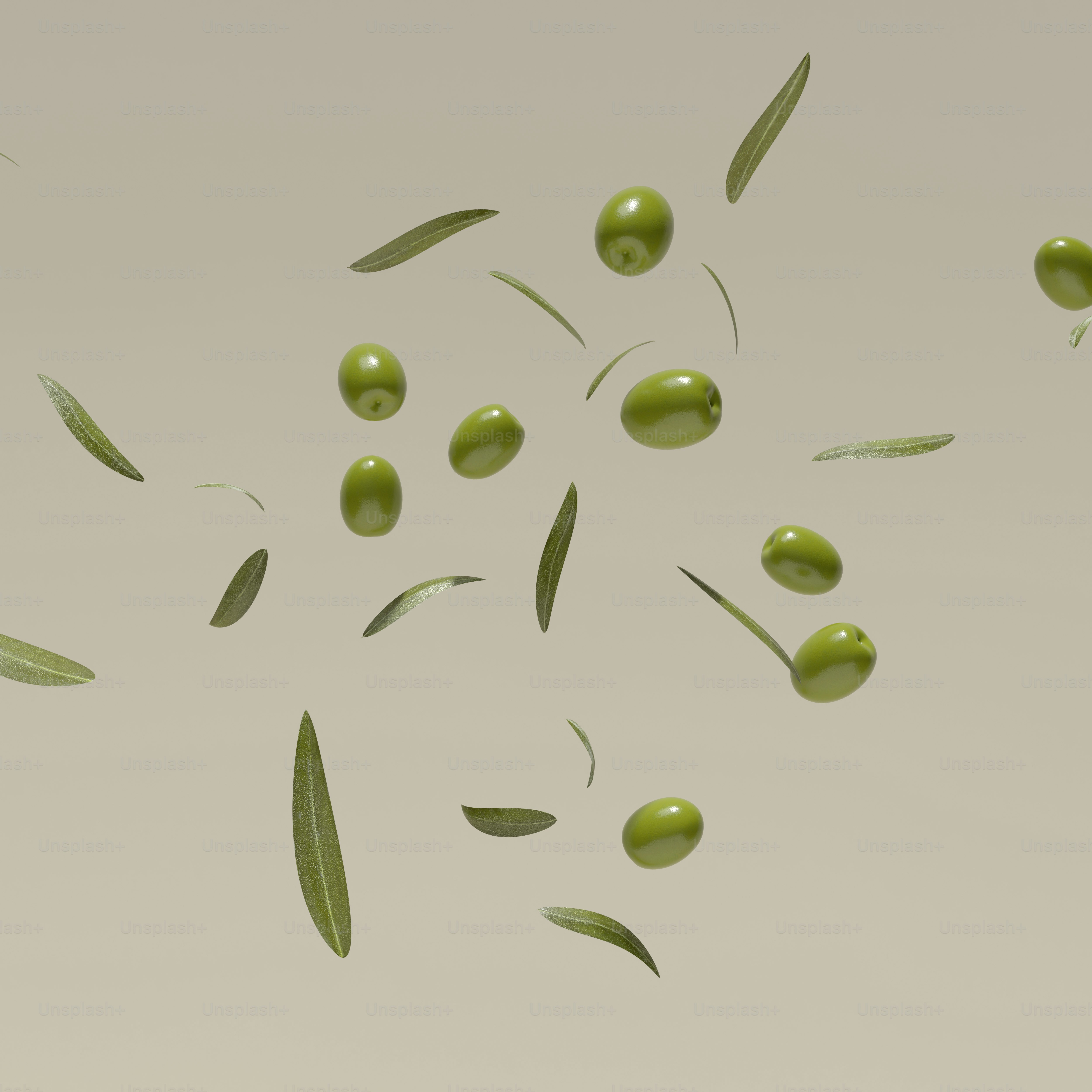un bouquet d’olives vertes tombant dans les airs