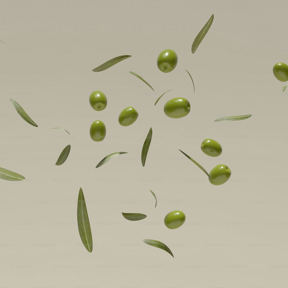 ein Bündel grüner Oliven, die in die Luft fallen