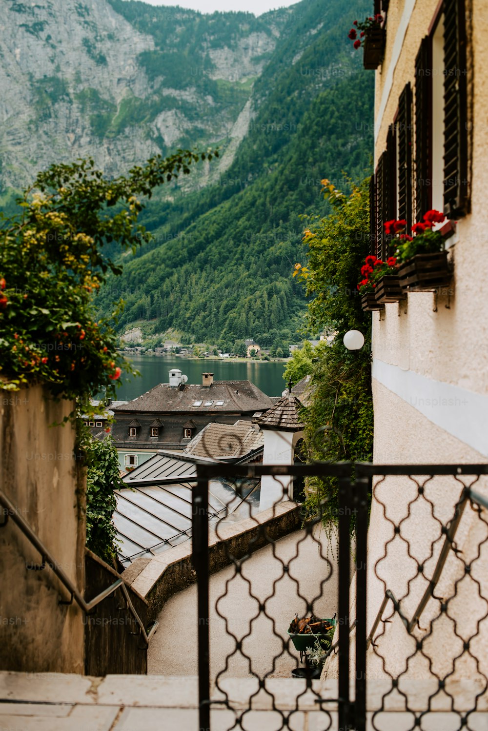 a view of a mountain town from a balcony