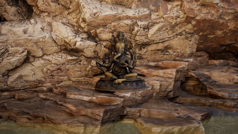 eine Statue einer Person, die auf einem Felsen sitzt