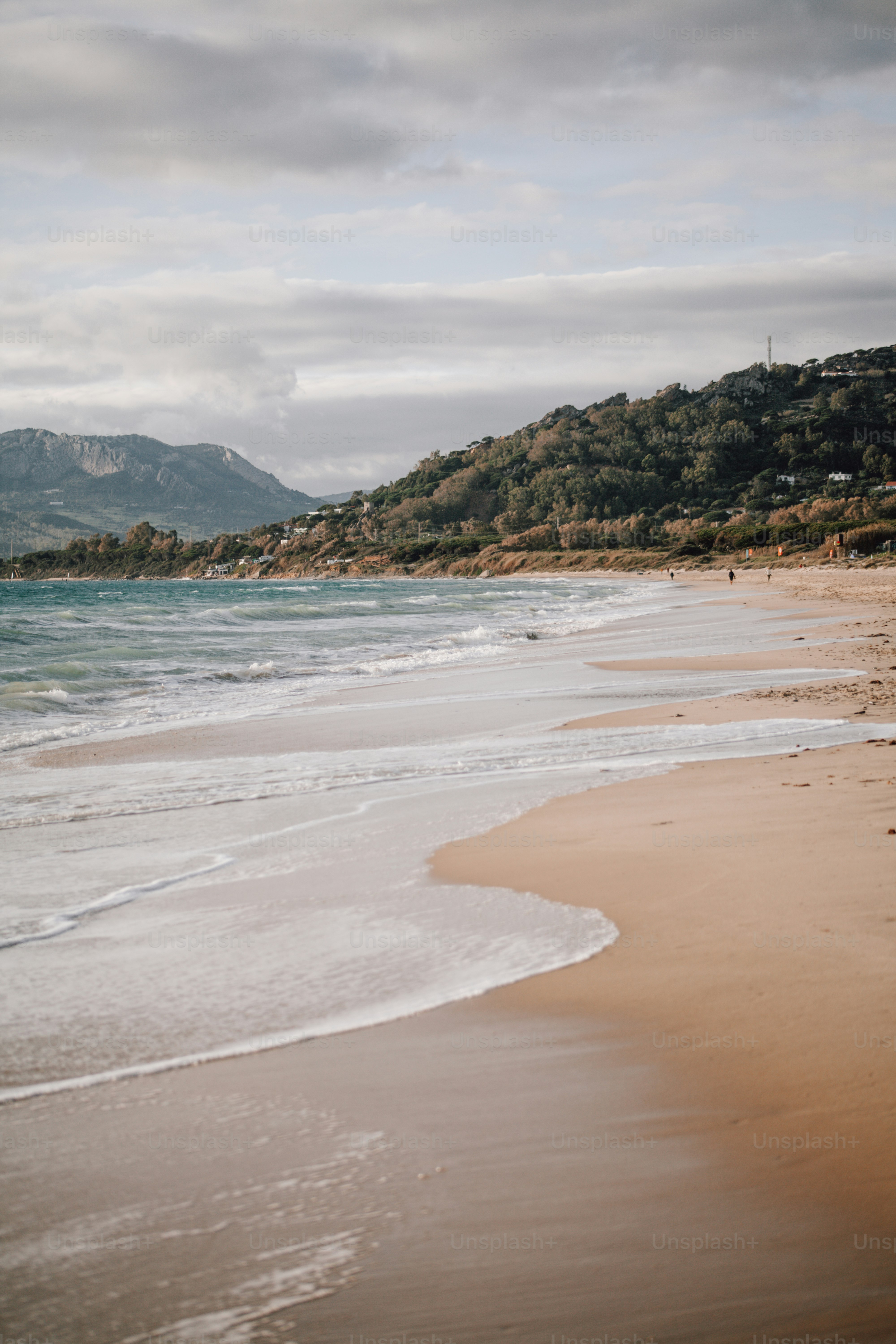 a sandy beach with a mountain in the background