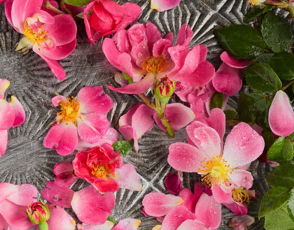 ein Strauß rosa Blumen, die auf einem Tisch sitzen