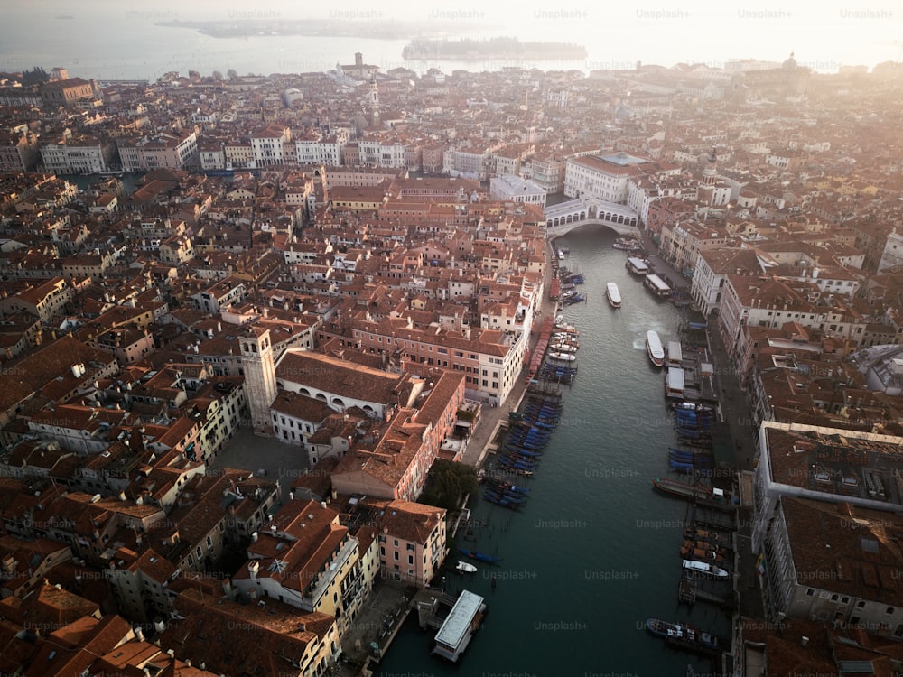 an aerial view of a city with a river running through it