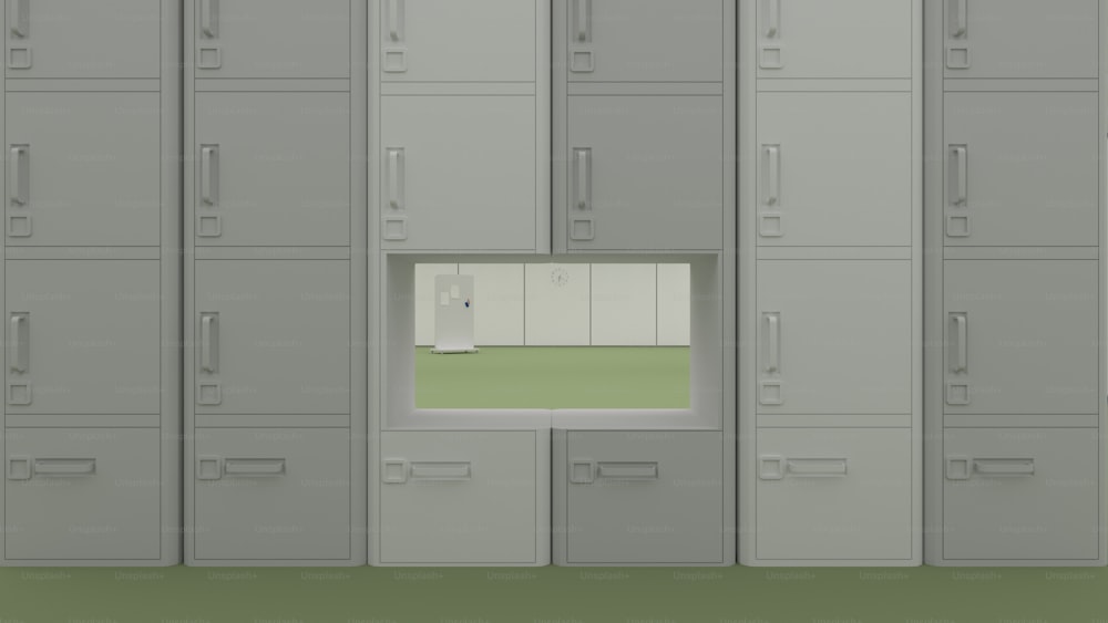 a room filled with lots of gray lockers