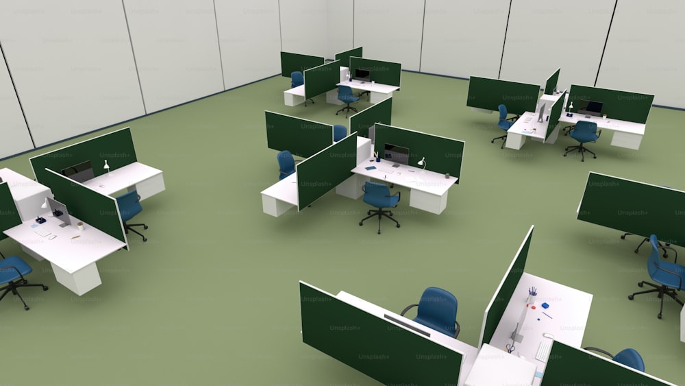 an office cubicle with blue chairs and white desks