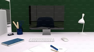 un ordinateur de bureau posé sur un bureau blanc