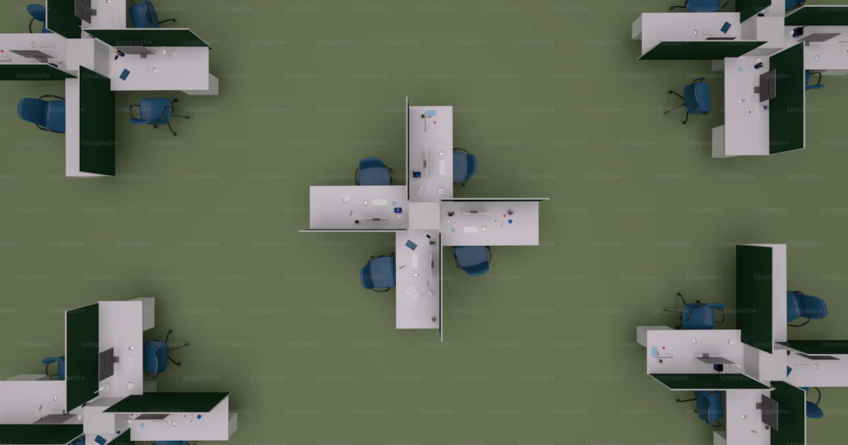 Cubicles Front View An overhead view of an office cubicle with chairs and desks photo ...