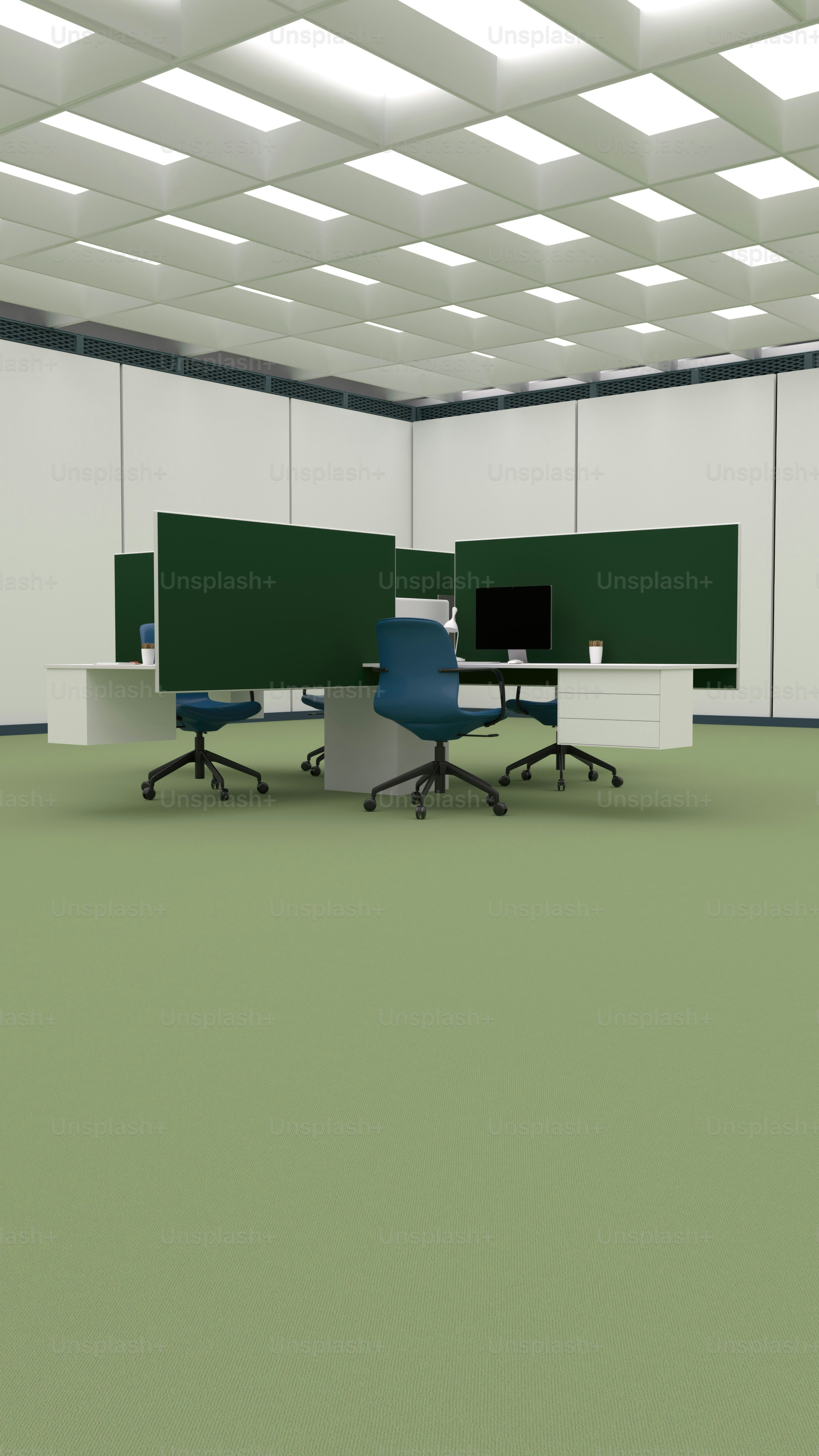 a room with two desks and a chair in it