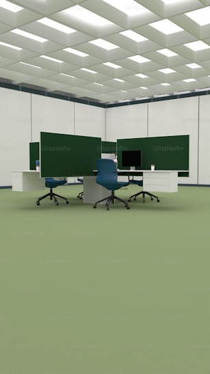 a room with two desks and a chair in it