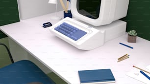 un bureau avec un écran d’ordinateur et un clavier