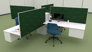 모니터와 의자가 있는 컴퓨터 책상