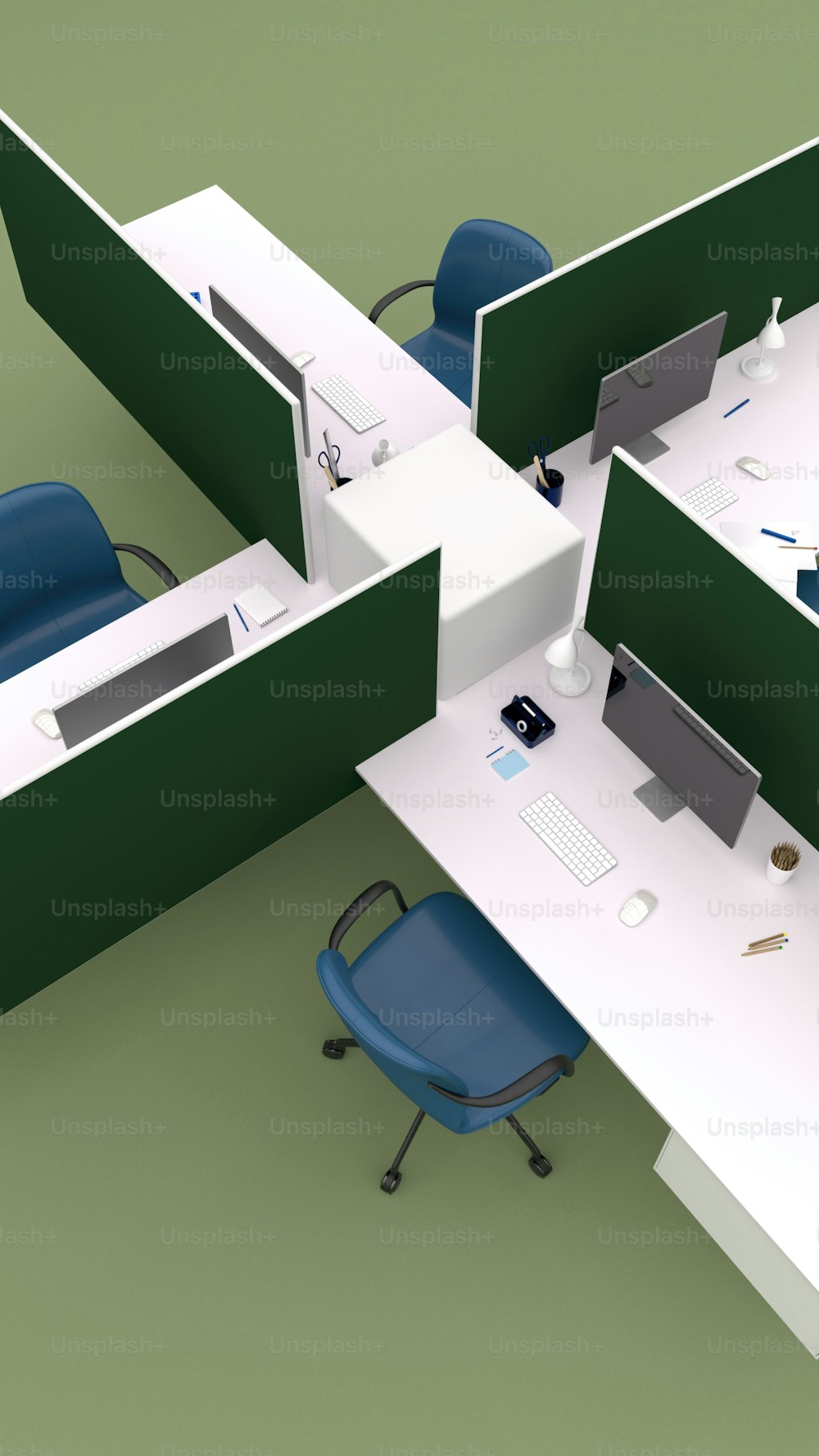 an office cubicle with a chair and desk