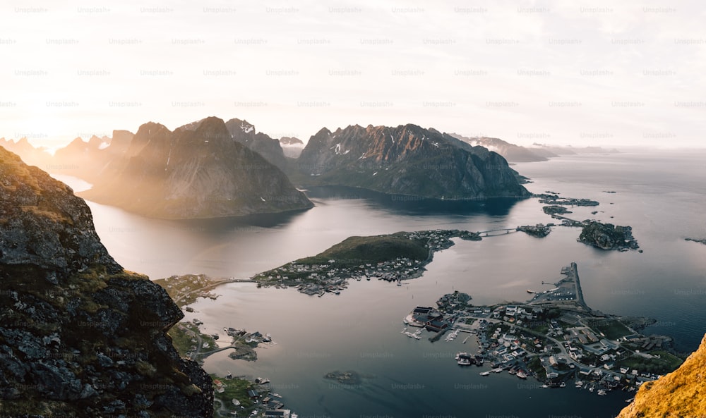 a bird's eye view of some mountains and a body of water