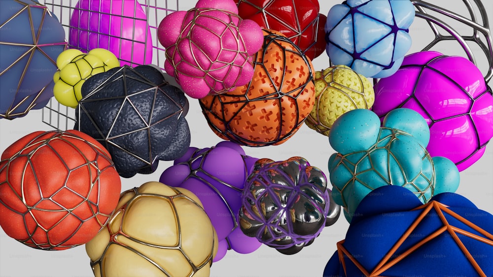 a bunch of different colored balls in a cage