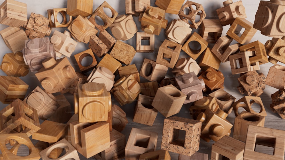 a pile of wooden blocks sitting on top of a table