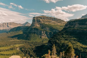 a scenic view of a mountain range with trees and mountains in the background