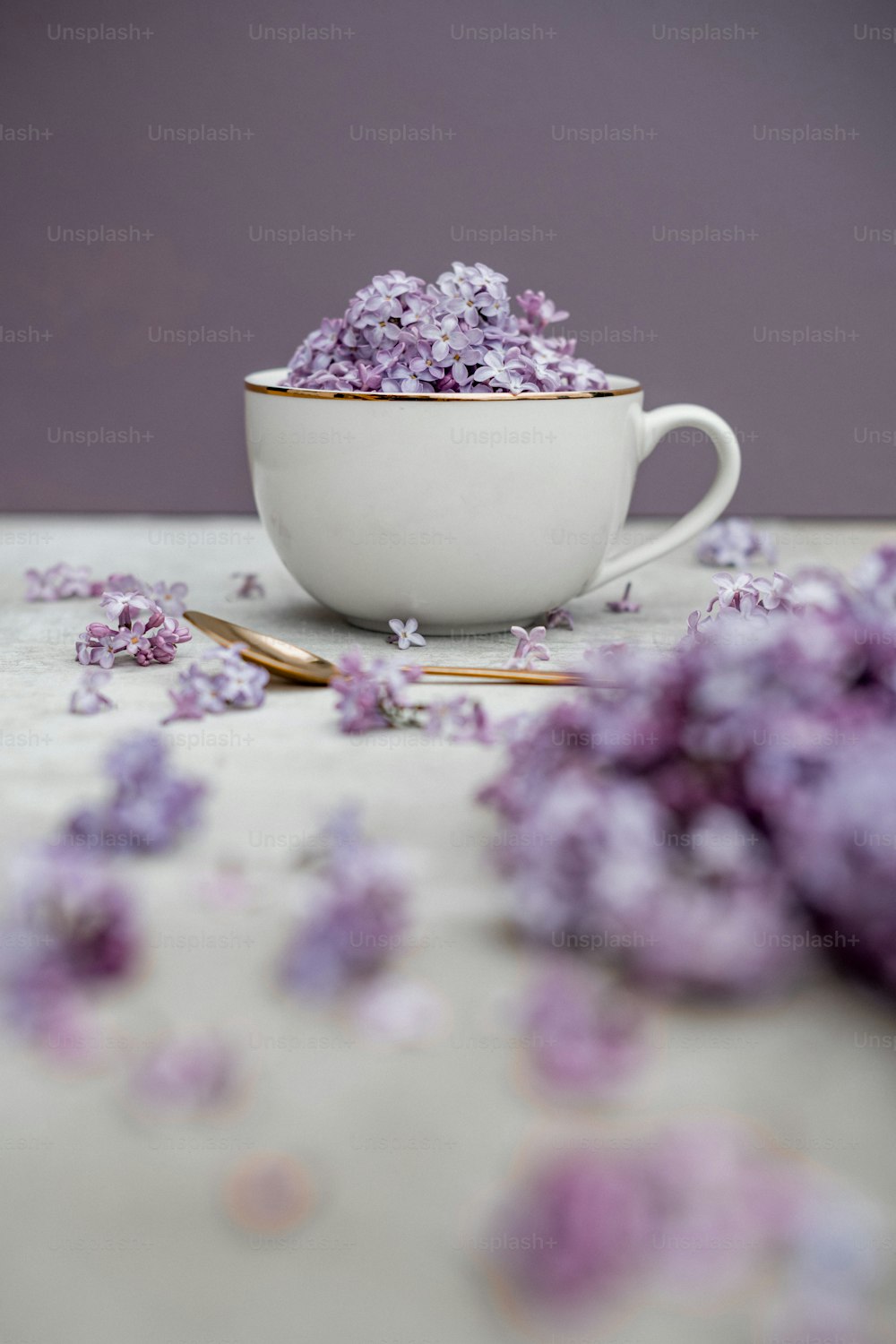 Un cuenco blanco lleno de flores púrpuras encima de una mesa