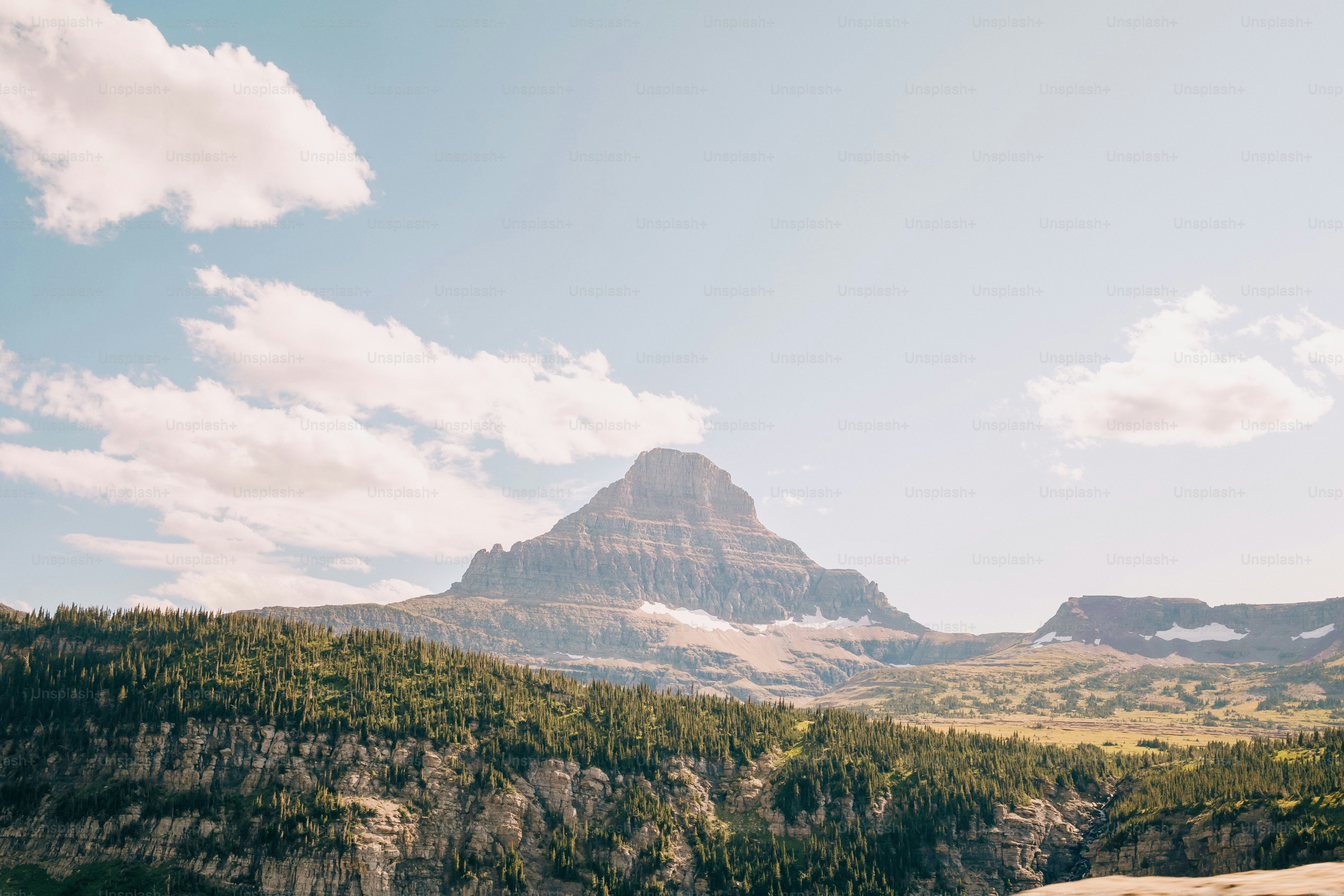 a view of a mountain range with trees in the foreground