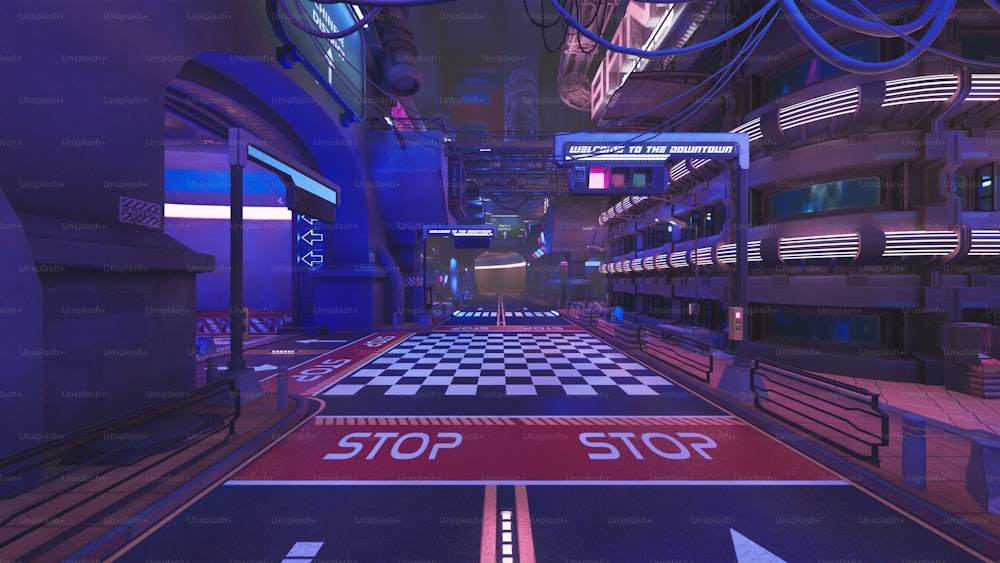 a room with a checkered floor and a stop sign on the floor