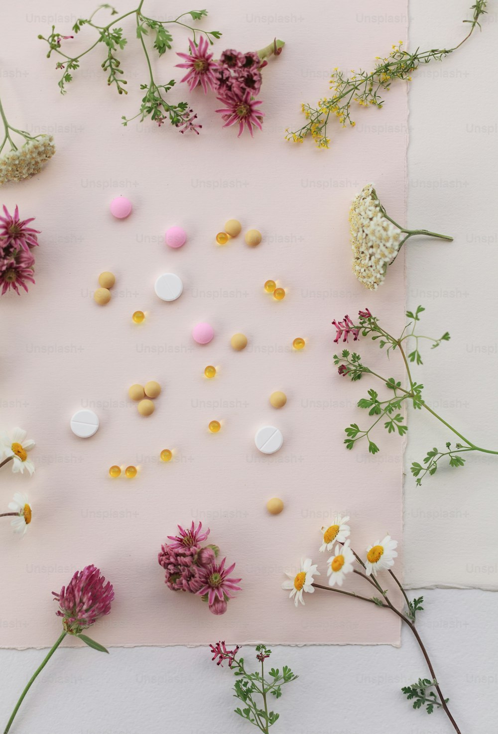 a bunch of flowers that are on a piece of paper