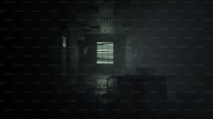 un couloir sombre avec une table au milieu