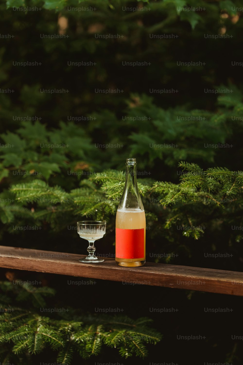 테이블 위의 와인 한 병과 유리