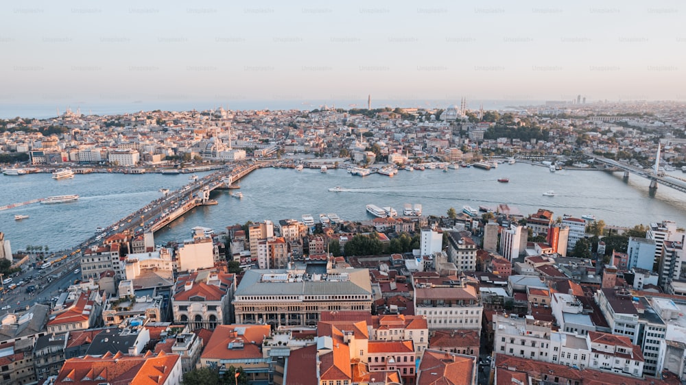 an aerial view of a city with a river running through it