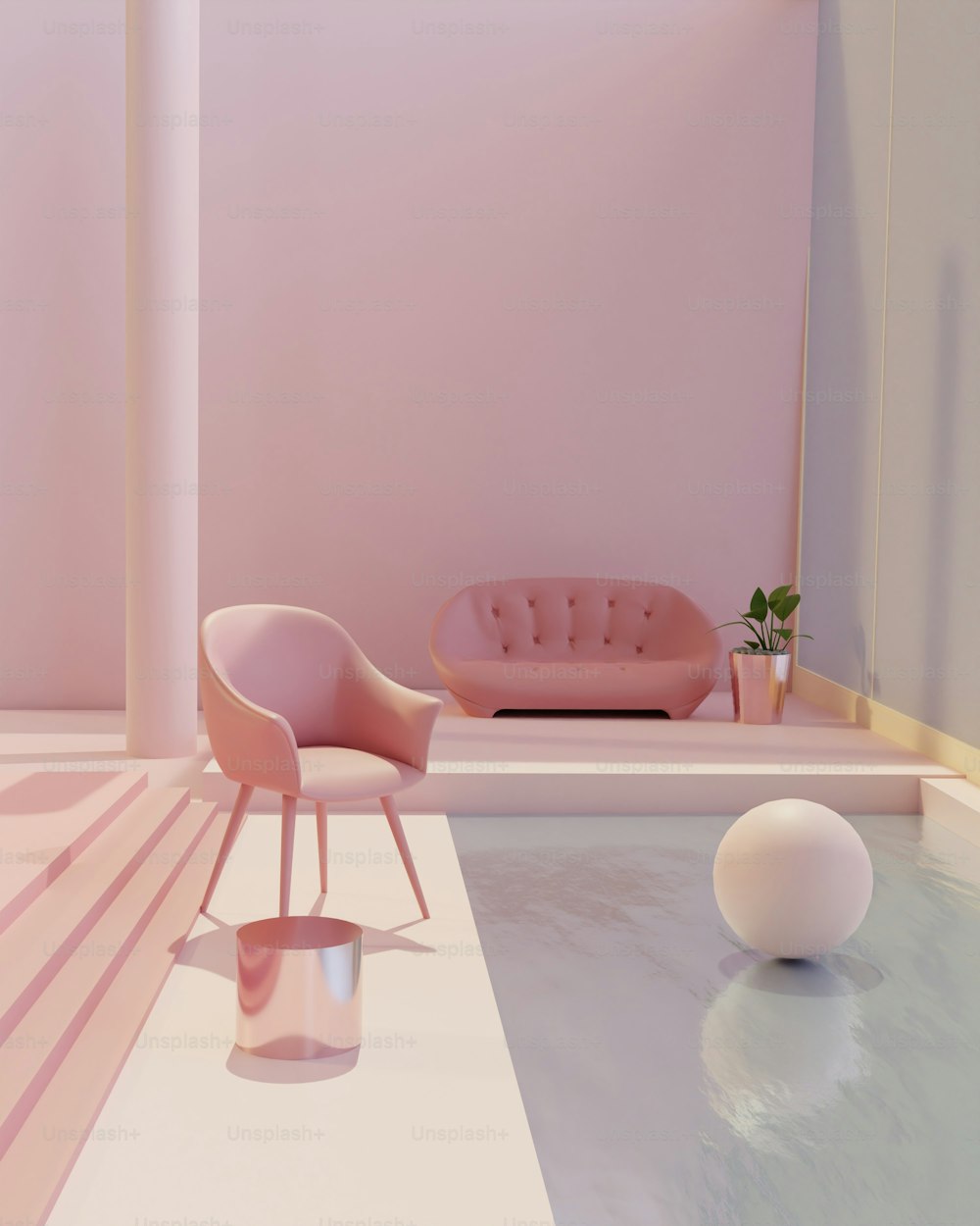 a room with a couch, chair and a ball on the floor