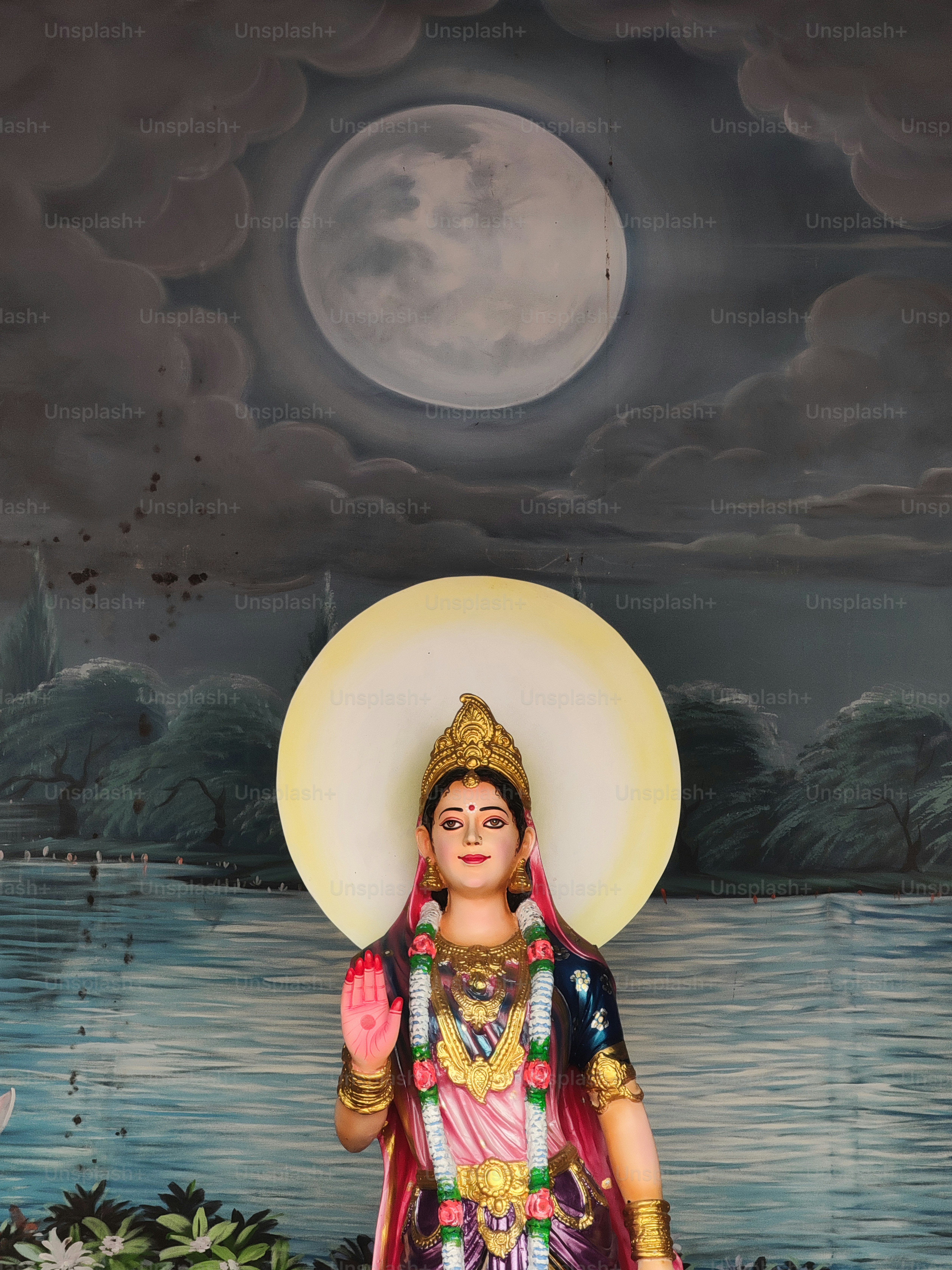 a statue of a woman standing in front of a painting