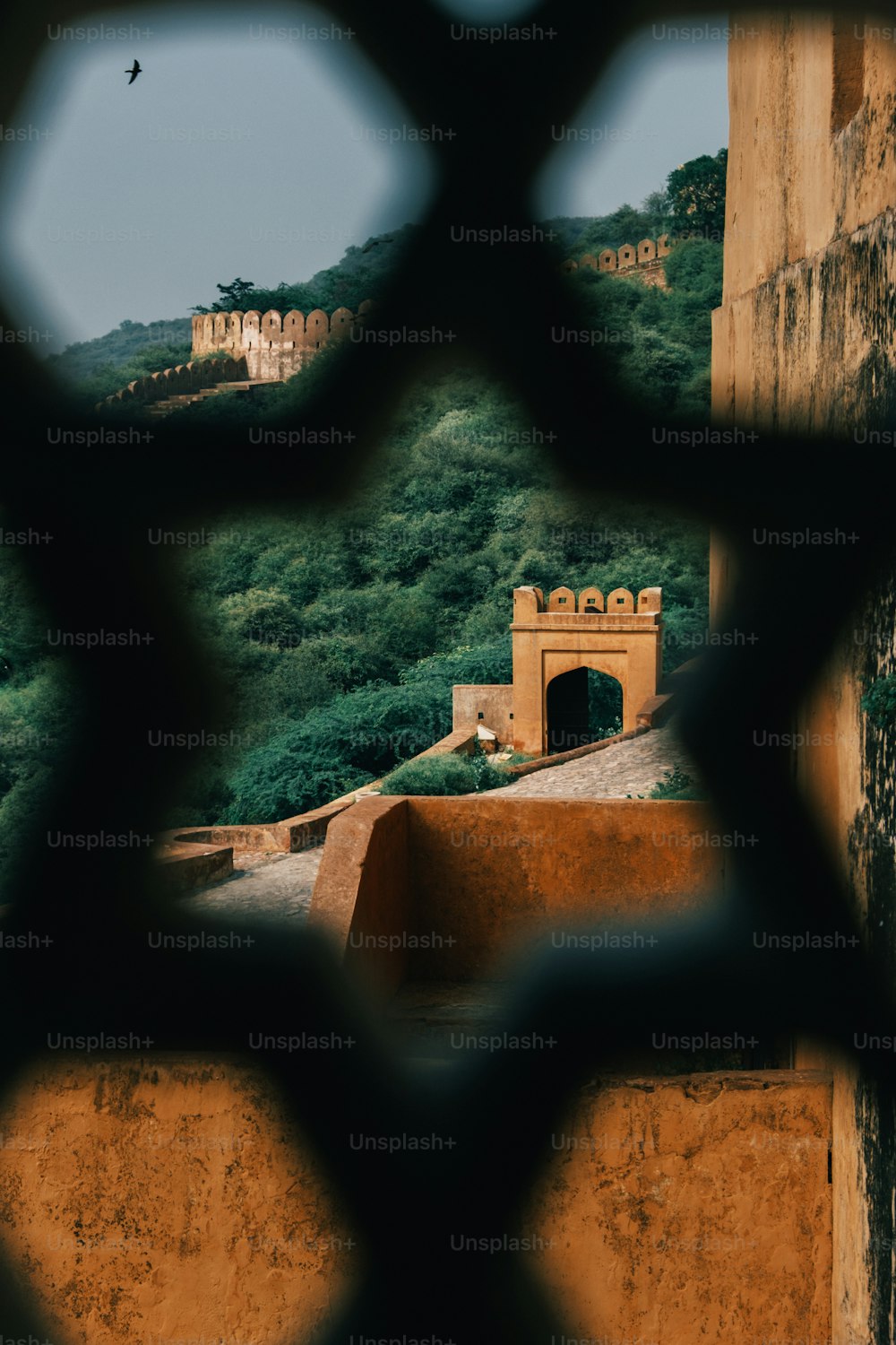 a view of a building through a window