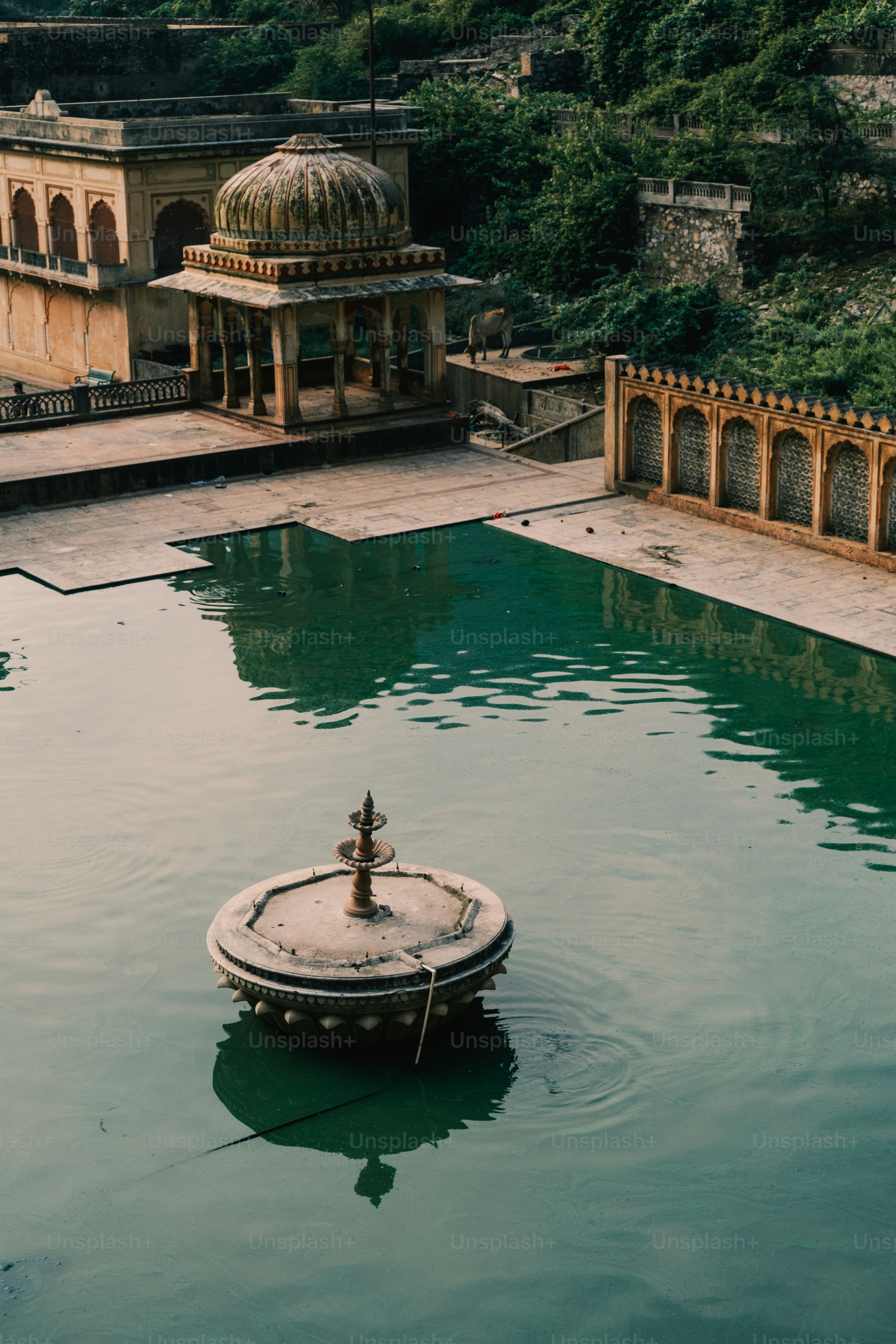 uma grande piscina com uma fonte no meio dela