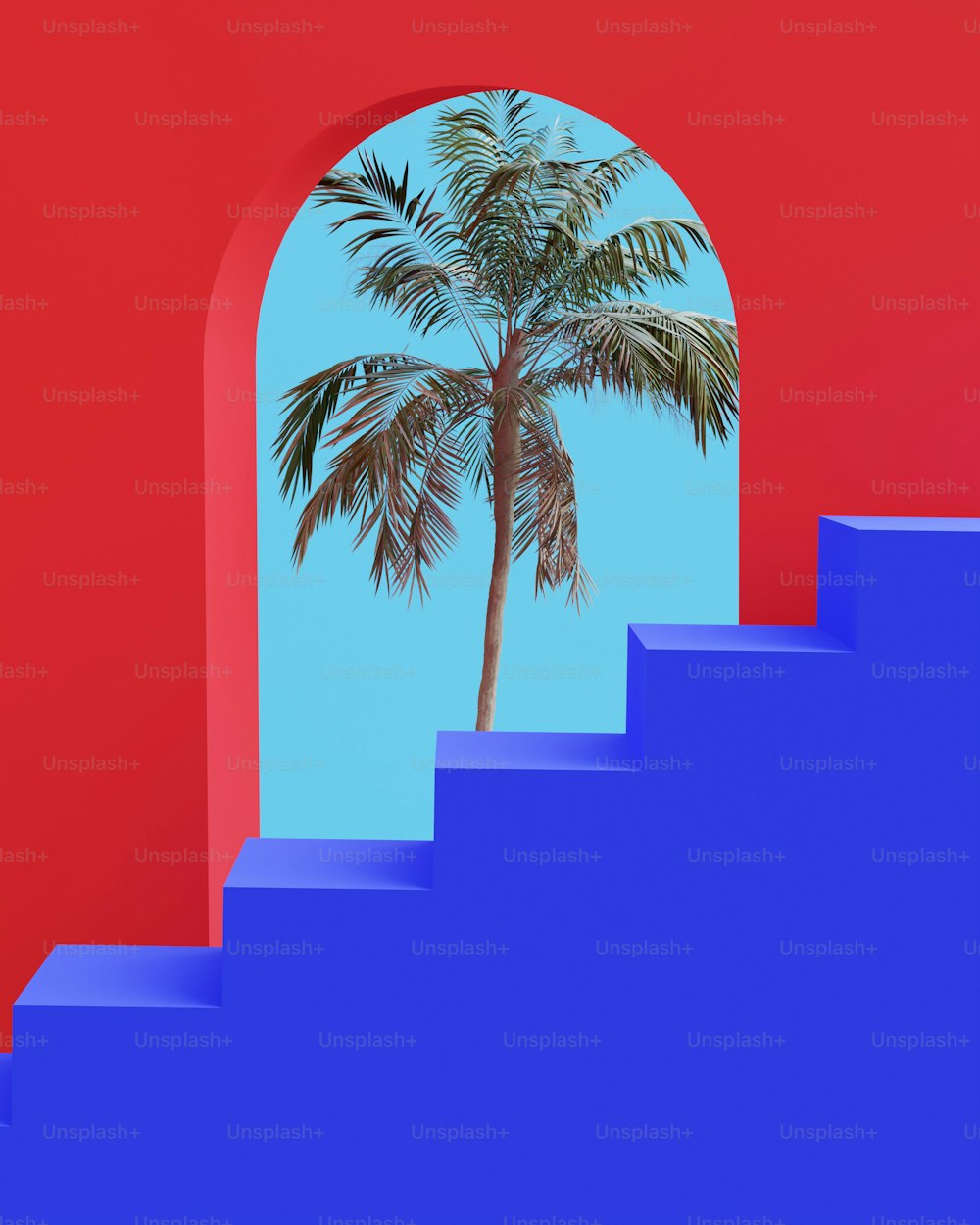 a palm tree sitting on top of a set of stairs