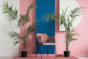 a chair sitting in front of a pink and blue wall