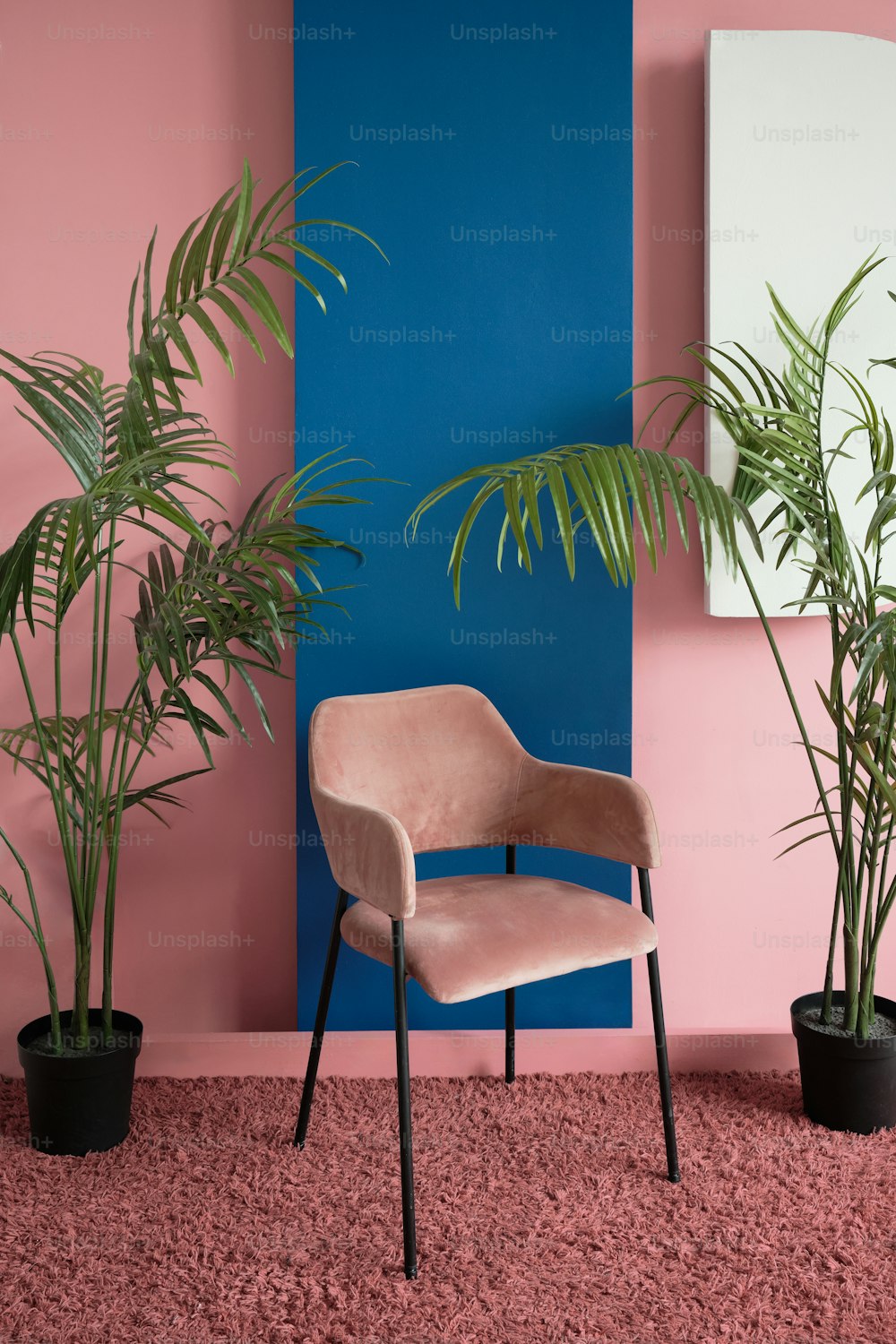 Una silla rosa sentada en una habitación junto a una palmera