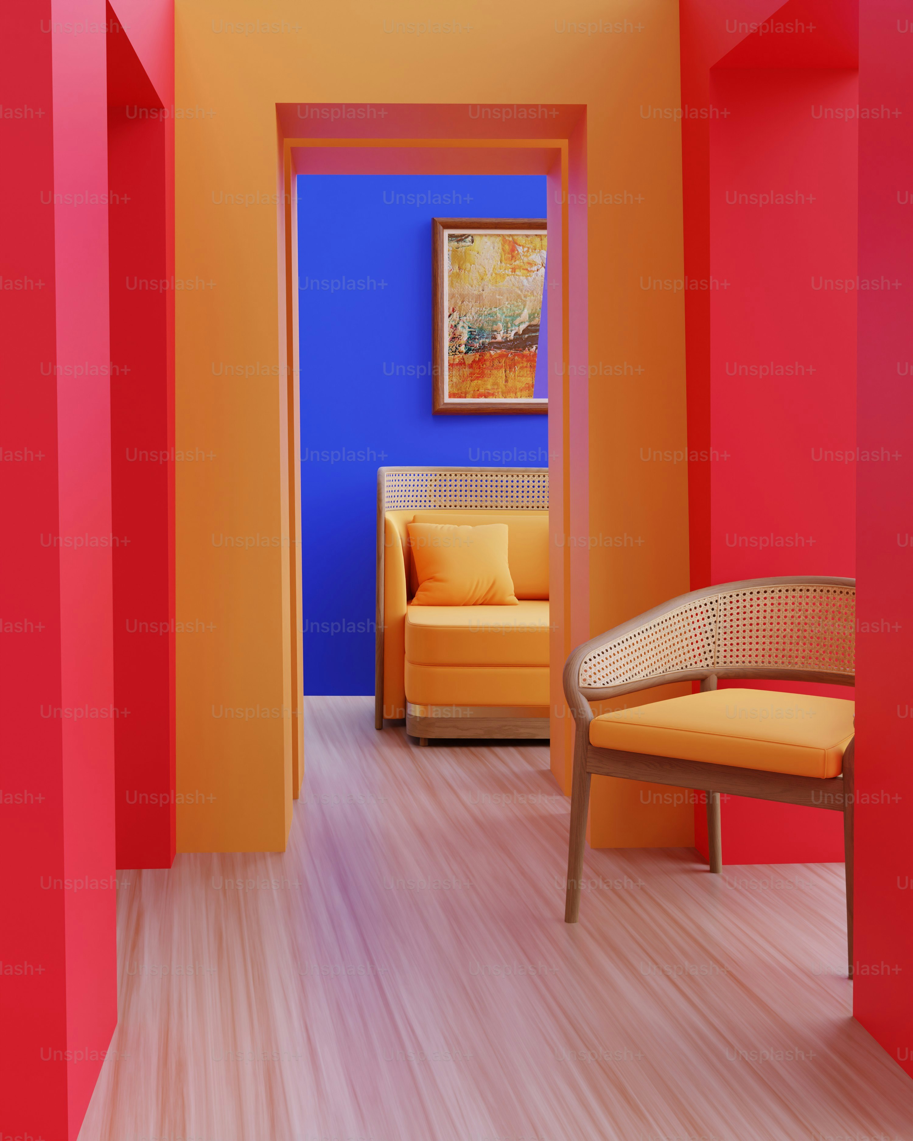 a room with a couch, chair and a painting on the wall