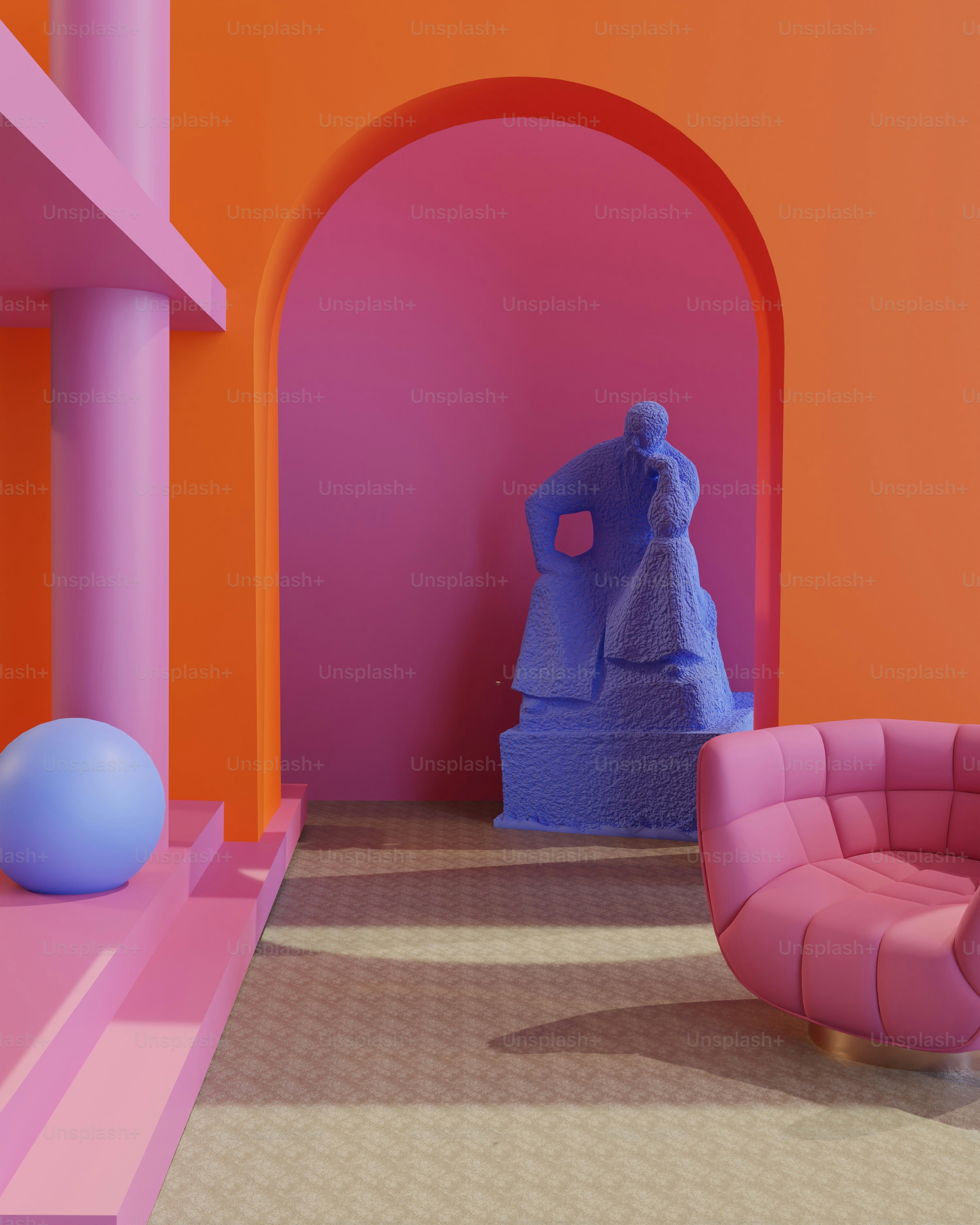 Un salon avec un canapé rose et une chaise bleue photo Meubles Photo